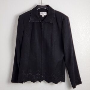 𝅺STUDIO One Black Blazer Lace Like Design Trim Size: 14